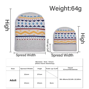 Size chart showing rainbow knit beanie dimensions with 56-60cm elastic head circumference
