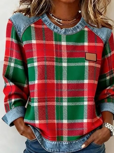 Women's plaid denim patchwork long sleeve sweatshirt with crew neck and casual loose fit