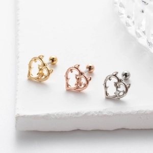 Hollow heart stainless steel cartilage studs with zircon in gold, rose gold and silver