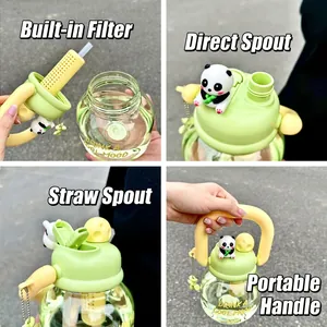 Cute green panda water bottle with dual drinking spouts and large capacity handle