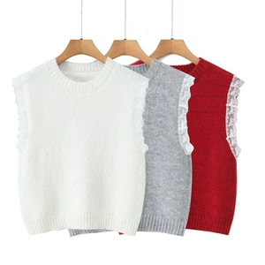 Women knit vest top with round neck and lace trim in white, grey, and red colors