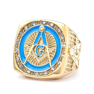 Vintage goldener Freimaurer-Siegelring mit blauer Emaille, Winkelmaß G-Symbol und Steinen