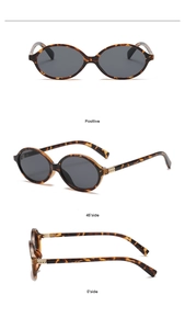 Tortoiseshell oval sunglasses showing front, 45-degree, and profile views with metal accents