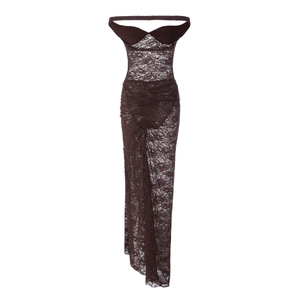 Detail of sheer lace dark brown dress featuring intricate cutout patterns and backless design