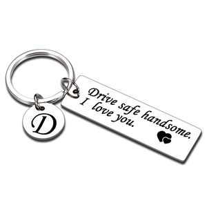 Drive safe handsome stainless steel keychain with letter D and heart engraving