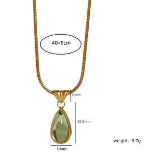 Gold snake chain necklace with water drop green pendant and detailed size dimensions