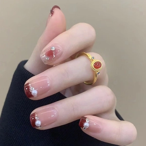 French Blush Gradient Press On Nails With Artificial Pearl And Rhinestone Silver Glitter Short Square Elegant False Nails For Women