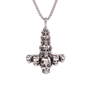 Punk style silver skull inverted cross necklace made of stainless steel for hip hop fashion