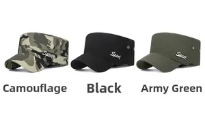 Three tactical cadet caps in camouflage, black, and army green with metal Sport logo