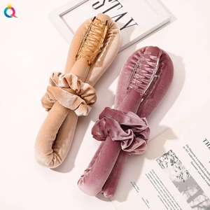Velvet heatless hair curler sets in champagne and dusty pink with clips and scrunchies