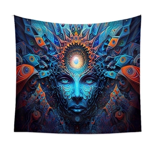 Detail of psychedelic mushroom tapestry with surreal female face and eye patterns