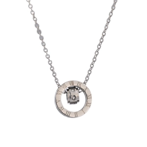 Silver stainless steel necklace with roman numeral double ring pendant and crystals