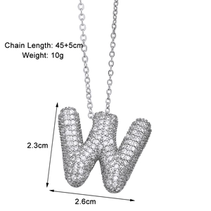 Detailed view of cubic zirconia letter W pendant with 45cm chain dimensions and weight