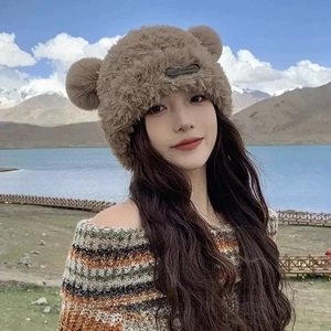 Brown plush winter hat with cute bear ears for women, warm outdoor knitwear style