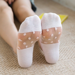 Light pink polka dot sheer mesh low cut boat socks for women with non-slip design