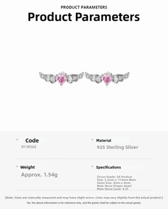 Detail of 925 sterling silver wing earrings with 5A pink heart cubic zirconia stones