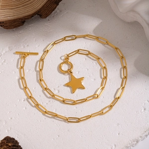 Detail of gold paperclip chain necklace with star pendant and OT toggle clasp closure