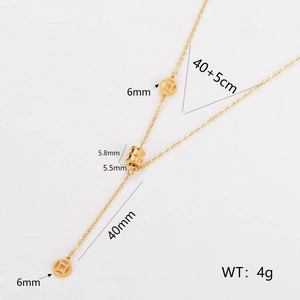 Gold tassel necklace with ancient coin and cylinder charms, including detailed dimensions