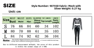 Detailed size chart for mesh and faux leather two-piece set showing measurements in cm