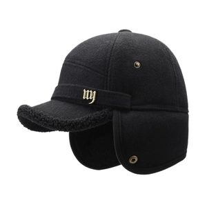 Winter wool baseball cap for men with warm ear flaps and black fleece lining