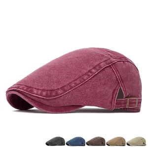 Vintage burgundy washed canvas flat cap for men and women with adjustable side metal buckle