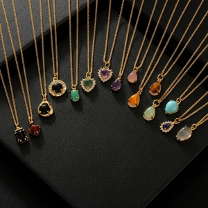 Collection of 18K gold plated necklaces with colorful gemstone heart and drop pendants