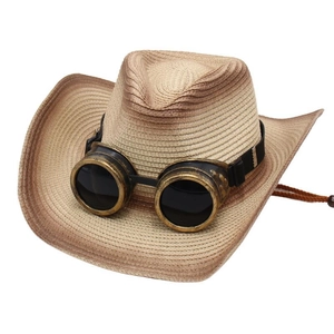 Chapeau de cow-boy vintage en paille avec lunettes steampunk et mentonnière réglable