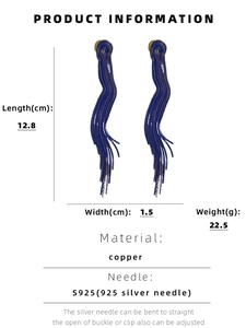 Detailed chart showing vintage chain fringe earrings dimensions and S925 silver needle spec