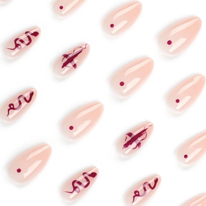 Almond press-on nails featuring glossy pink base with red snake pattern and abstract art