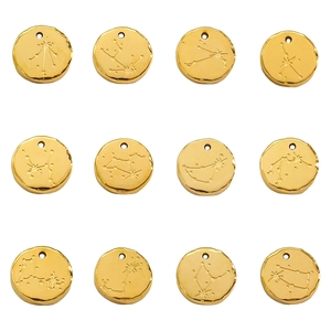 14k gold plated 10mm zodiac constellation charms in polished titanium steel for DIY jewelry