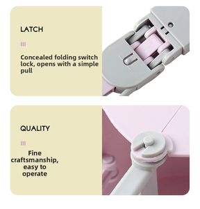 Detail of the hidden latch mechanism on the pink foldable pet waste scooper