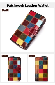 Vues détaillées du portefeuille long en cuir véritable patchwork avec bouton-pression