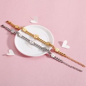 Polished stainless steel four-leaf clover thick chain bracelets in gold and silver finishes