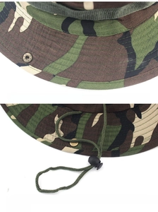 Detail of camouflage boonie hat featuring reinforced stitching and adjustable drawstring