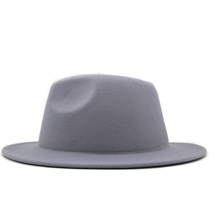 Detail view of the flat brim and textured gray wool finish on this classic jazz hat