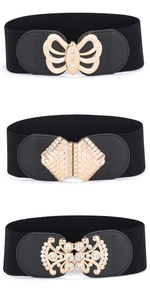 Close-up of elastic wide belts with rhinestone butterfly and geometric buckles