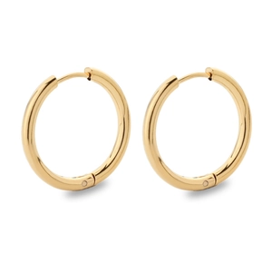 Detailed view of highly polished gold stainless steel hoop earrings with hinged clasp