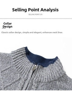 Detail der grauen Strickjacke mit Stehkragen und blauem Rippfutter mit Reißverschluss