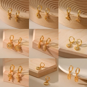 18K Gold Plated Copper Hoop Earrings With Zircon Snake Sunflower Charm Dangle Vintage Jewelry For Women