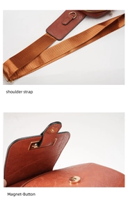 Detail view of brown PU leather shoulder strap and secure magnetic button closure
