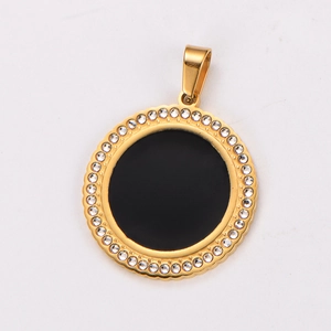 Macro view of 18k gold plated round pendant with black enamel and sparkling zircons