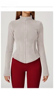 Detailed view of light khaki fleece zip-up jacket with slim fit and stand collar design