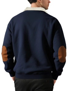 Men's navy hoodie featuring a white sherpa collar and brown circular elbow patches back view