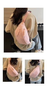 Detailed views of pink plush crossbody bag featuring textured faux fur and woven zipper pulls