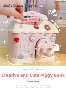 Macro detail of cute house-shaped piggy bank featuring a handle and mini locking door