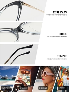 Detailed view of cat eye glasses hinges and nose pads with multi-scene usage photos