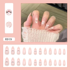 Lot de 24 faux ongles amande dégradé rose avec nœuds blancs et petits points