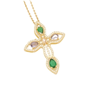 18K gold plated cross necklace featuring colorful cubic zirconia stones and water drop gems
