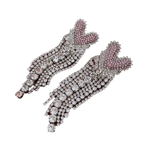 Elegant pink heart stud earrings with sparkling silver tassel drop fringe for women