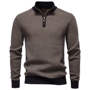 Pull en maille pour homme à demi-fermeture éclair, chiné noir et brun avec col montant